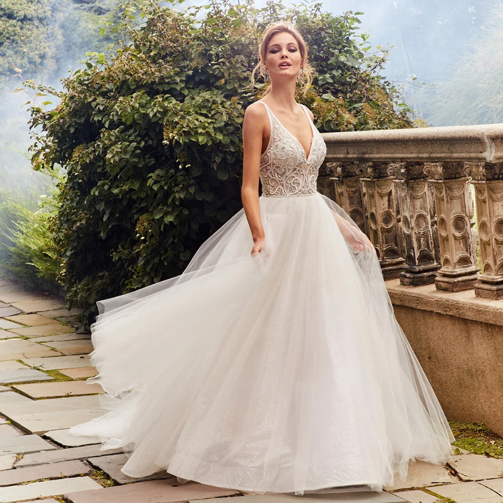 Vestido de Noiva сексуальное ТРАПЕЦИЕВИДНОЕ свадебное платье с v-образным вырезом хрустальные украшения Роскошные Suknia Slubna с открытой спиной винтажные Hochzeitskleid