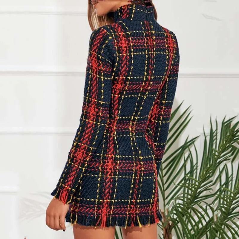 Lossky Sweater Dress Women Autumn Winter Plaid Long Sleeve Short Mini Ladies Thick Warm Clothes Dresses Vestido Elegant