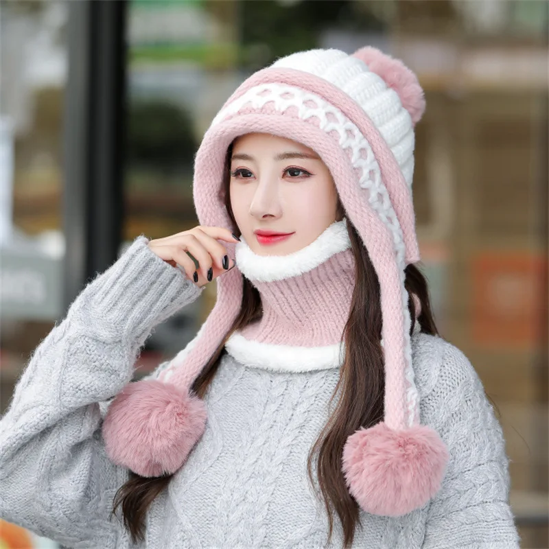 2021 Woolen Hat Women Winter Ear Protection Knitted Hat Bib Two-piece Plus Velvet Warm and Windproof Cycling Hat 