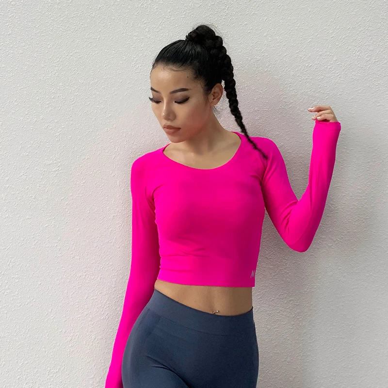 

Autumn Seamless Yoga Shirts Women Elastic Thumb Hole Fitness Running Long Sleeve Sports T Shirts Gym Workout Tight Crop Top