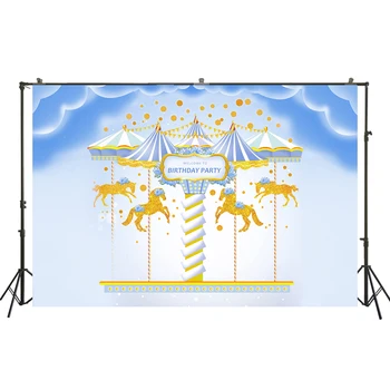 

Welcome To Birthday Party Backdrop Blue Circus Gold Carousel Background For Baby Shower Portrait Photo Booth Banner Props W-3381