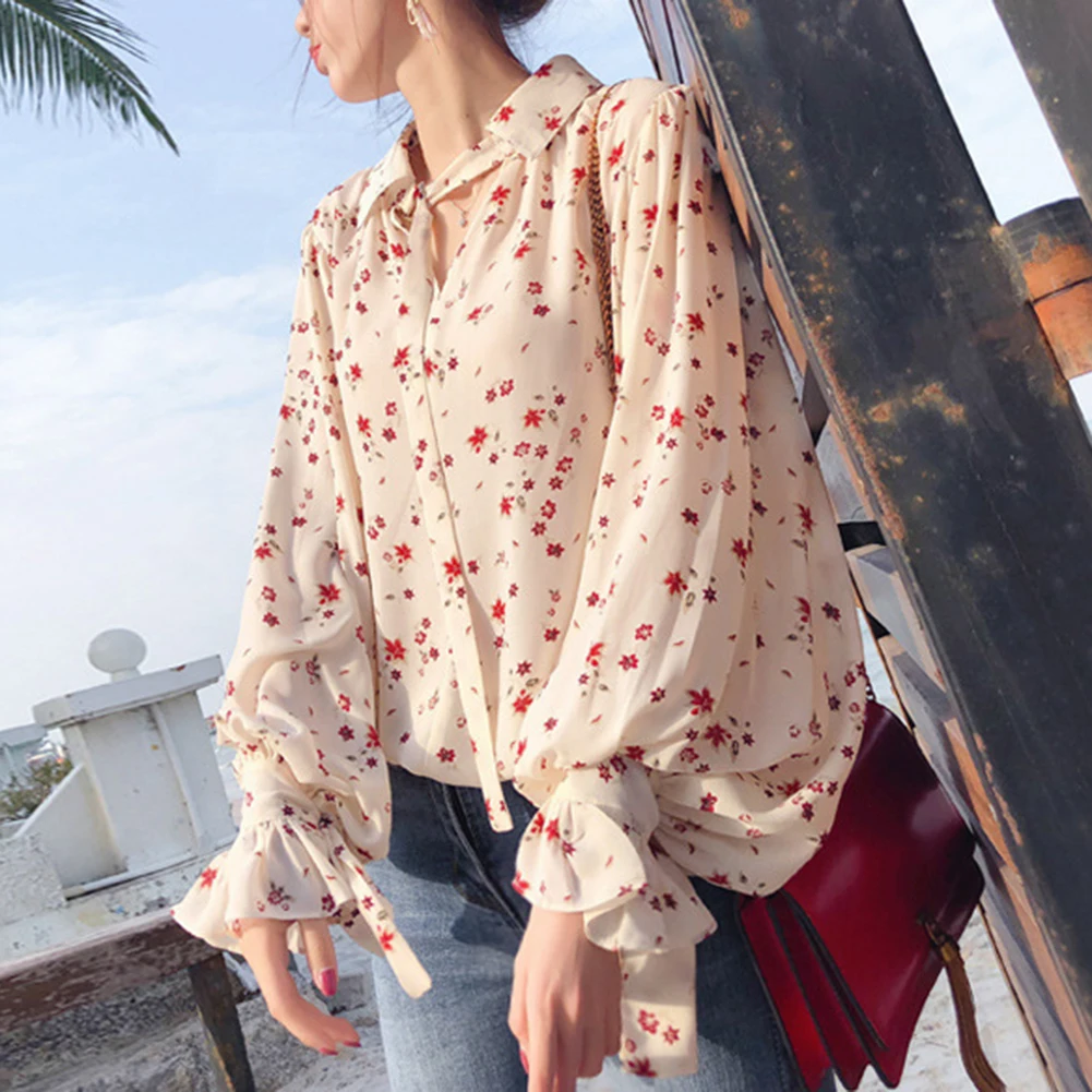 

2019 Autumn Women Apricot Floral Chiffon Blouse Fashion Casual Long Sleeve Tops Blouse Korean Turn Down Collar Blouses