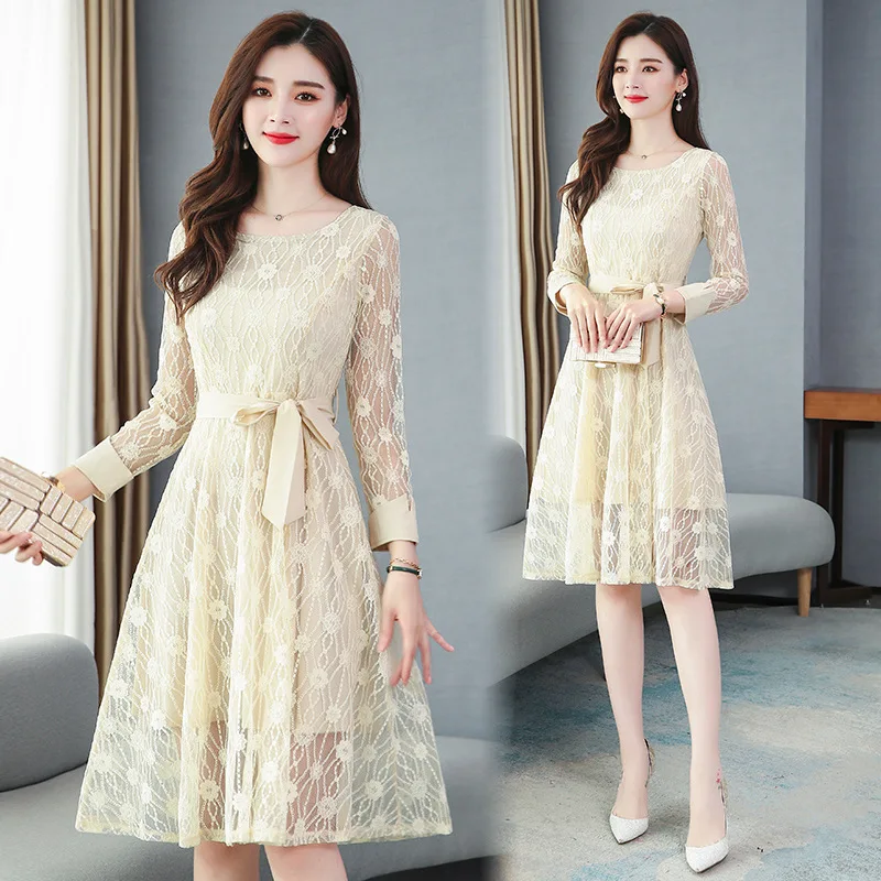 

Photo Shoot 2020 Spring New Style Long Sleeve Fashion Lace Waist Hugging Slimming Elegant Mid-length Dress