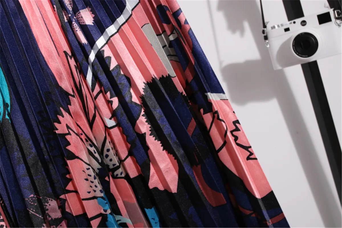 Long Skirt Female Printed Cartoon Maxi Skirt High Elasticity Pleated Cartoon Pattern Fashion Casual Lady High Waist Skirts