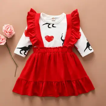 

Kids Clothes Set Spring Autumn Baby Girls Cotton Splicing Long Sleeve O-Neck Dinosaur Love Printing Tops Strap Ruffled Skirt