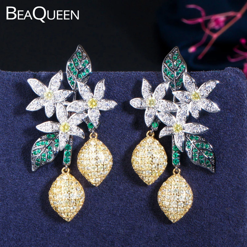 BeaQueen Luxury Designer Yellow Green Cubic Zircon Leaf Flower Hanging Drop Earrings 3 Tones Black Gold Color Boho Jewelry E377