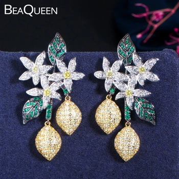 

BeaQueen Luxury Designer Yellow Green Cubic Zircon Leaf Flower Hanging Drop Earrings 3 Tones Black Gold Color Boho Jewelry E377