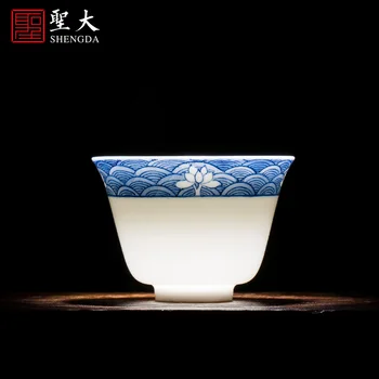 

Kung Fu tea cup Master Cup hand painted blue and white sea water lotus pattern tea cup handmade Jingdezhen tea set