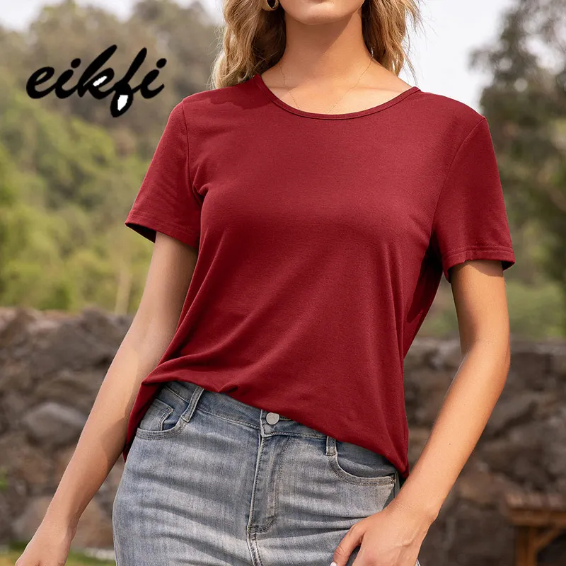 

EIKFI Back Lace Patched Solid Women Tees 2021 Summer Ladies Round Neck Short Sleeve Backless Casual Loose Tops and T-shirts New