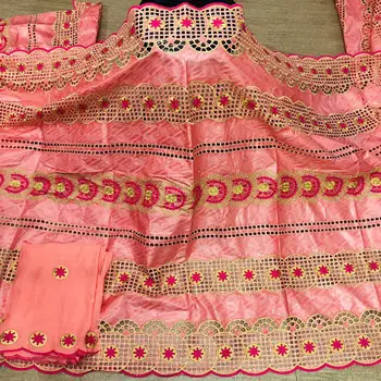 

African bazin riche fabric with brode 2020 Latest fashion embroidery bazin lace fabric with net lace 7 yards HL0062801