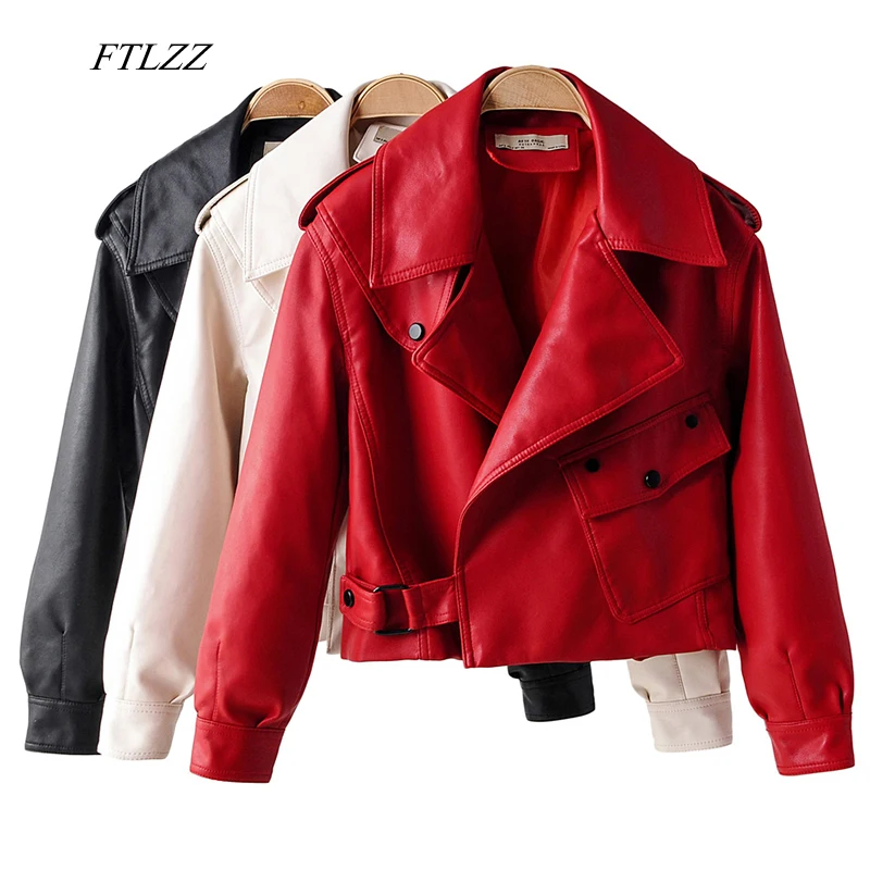 FTLZZ New Spring Women Faux Leather Jacket Biker Red White Coat Turndo –  FashionsZila