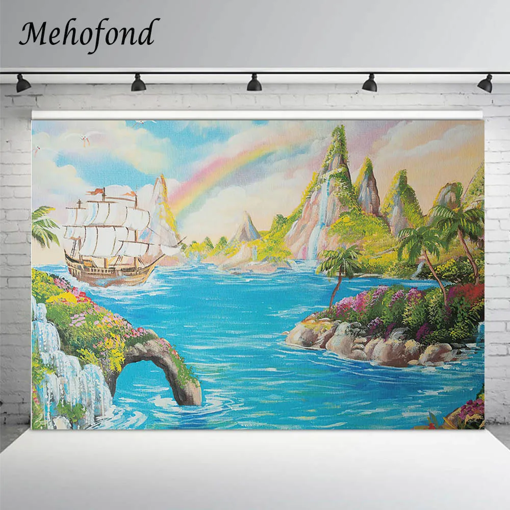 Mehofond Photography Background Oil Painting Natural Landscape Blue Sea Sailing Mountains Flower Newborn Baby Portrait Backdrop |