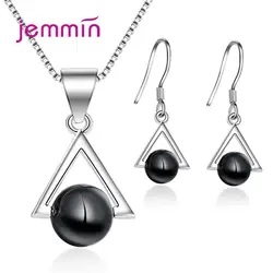 Новая мода S925 стерлингового серебра для женщин девушки помолвка Геометрический стиль ожерелье из черных кристалов серьги набор 2 шт./компл