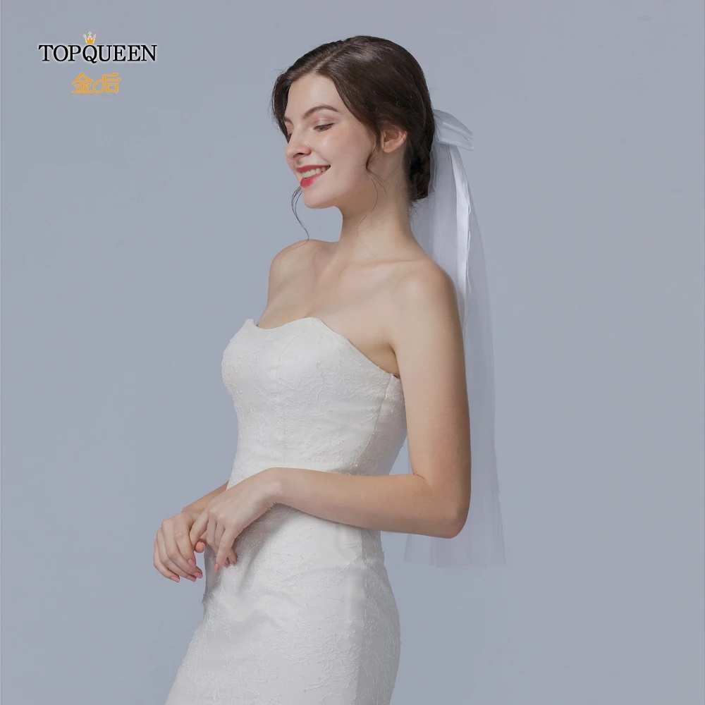 TOPQUEEN V03 короткая вуаль с гребнем, кружевная и перламутровая вуаль, белая и слоновая кость, Свадебные вуали, два слоя вуали, кружевная вуаль, фата с бантом