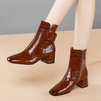 

Genuine Leather High Heels Women Ankle Boots buckle Decoration Party Wedding Shoes Woman Square Toe Office Pumps