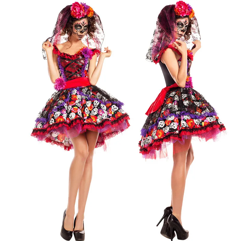 

Carnival Halloween Lady Mexico Day Of The Dead Corpse Bride Costume Horror Skull Skeleton Bone Ghost Cosplay Fancy Party Dress