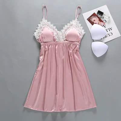 Women Nightwear Sexy Sleepwear Silk Satin Night Dress Lace Nighty Sleeveless Nightgown Summer Lingerie Fashion Night Wear - Цвет: Розовый