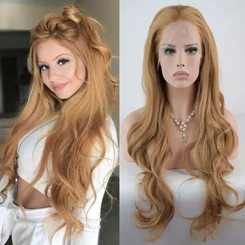 

Bombshell Gold Brown Color Synthetic 13*3 Inch Lace Front Wig Glueless Natural Wave Heat Resistant Fiber Hair For Women Wigs