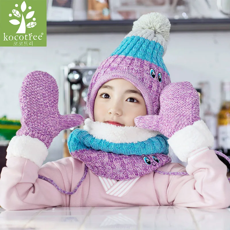 Kocotree/зимняя шапка для детей, теплая шапка, шарф и перчатки, комплект для детей 5-12 лет, шапка для мальчиков, шарф, Комплект Шапочки для девочек