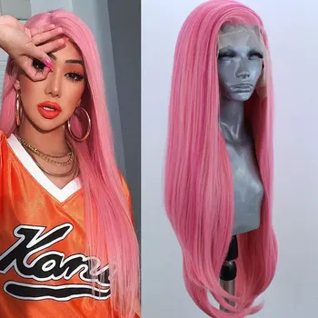 

Bombshell Synthetic 13*3 Lace Front Wig Living Peach Pink Straight Heat Resistant Fiber Hair Side Parting For Women Girls Wigs