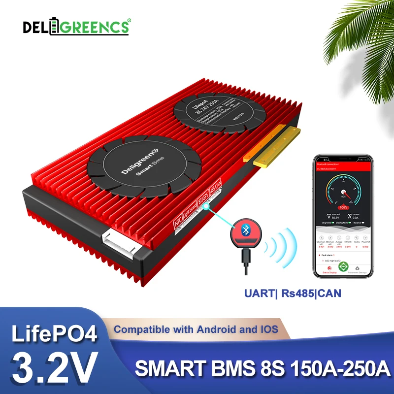 High current Smart BMS 8S 24V 150A 200A 250A Bluetooth App rs485 by PC for 3.2V rated Lifepo4 BMS with NTC