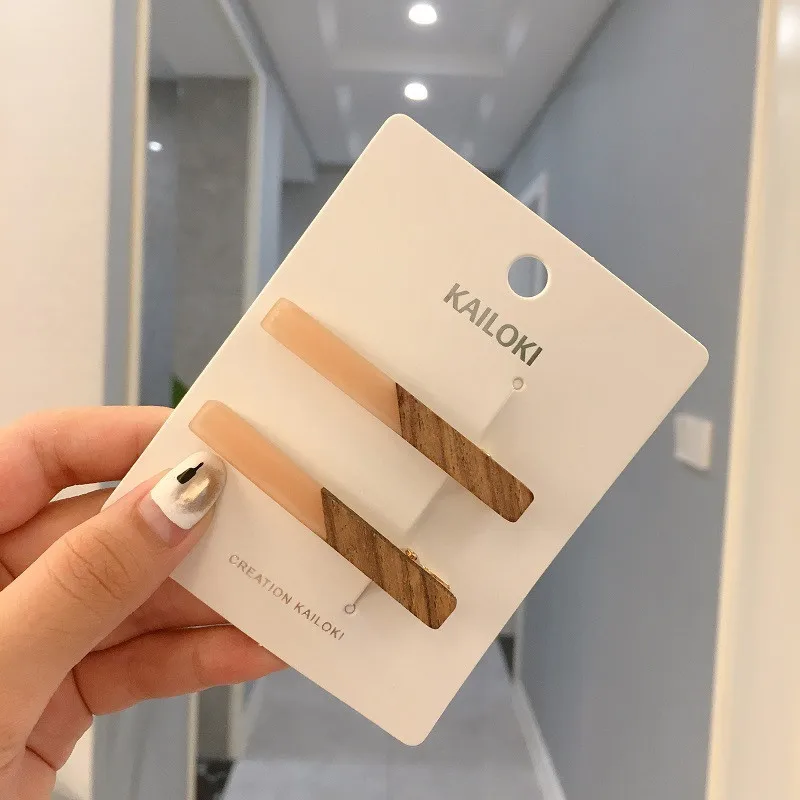 Candy Color Patchwork Geometric Wood Acrylic Hair Clips Women Girls Hollow Duckbill Clip Barrettes Hair Accessories