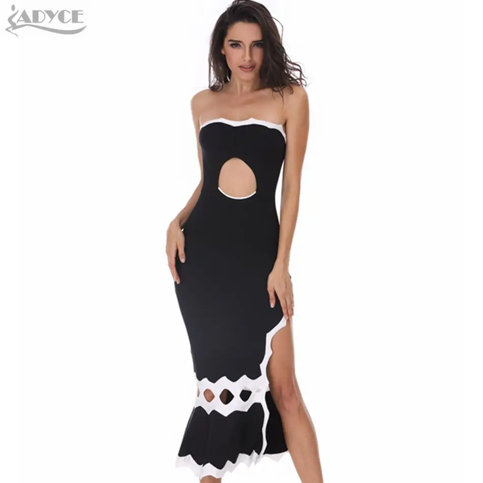 Black ADYCE, новинка, женское Бандажное платье русалки, Vestidos, сексуальное, с вырезом, без бретелек, черное, из кусков, для знаменитостей, для подиума, вечерние, Клубные платья - Цвет: Black