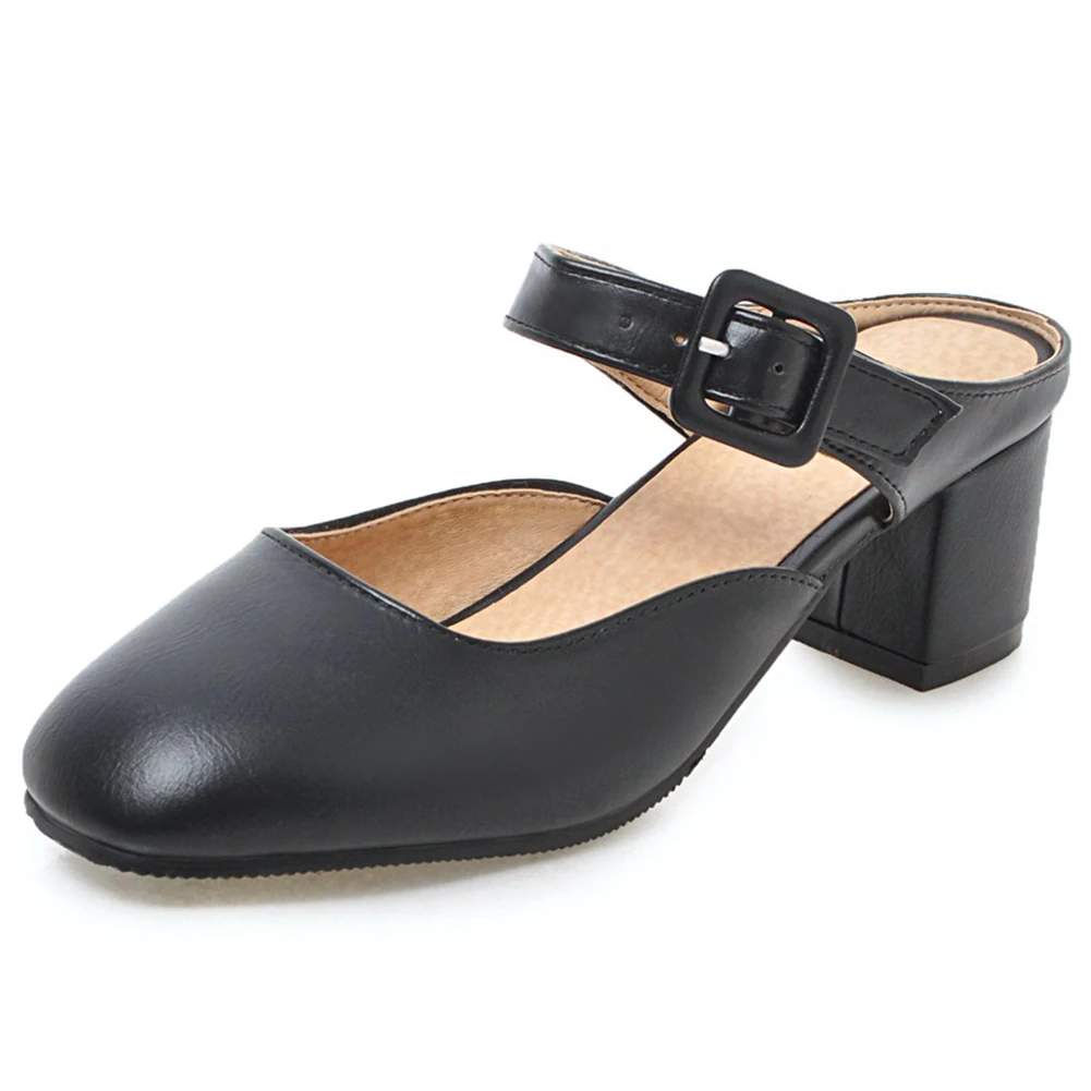 

BONJOMARISA Fashion Female Summer Pumps Sqaure Toe Slip On Buckle Decorations Mules Women Square Heels Round Toe Shoes Woman