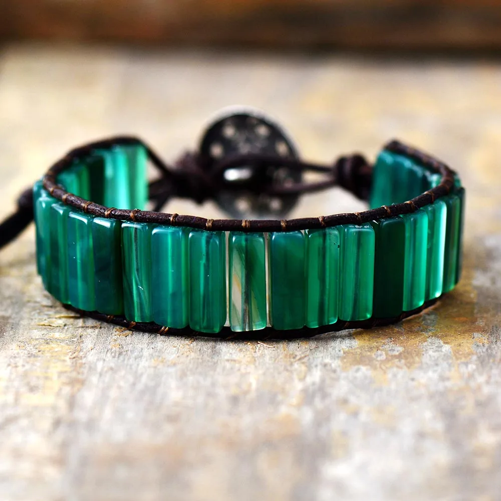 Womens Boho Bracelets Tube Shape Green Onyx Single Leather Wrap Bracelet Semi Precious Stone Beaded Beadwork Bracelet Dropship