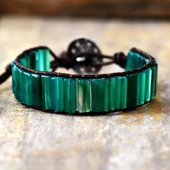 Womens Boho Bracelets Tube Shape Green Onyx Single Leather Wrap Bracelet Semi Precious Stone Beaded Beadwork Bracelet Dropship