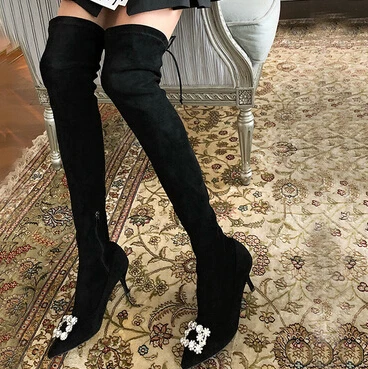 Botines Mujer; женская обувь; Женские Сапоги выше колена; осенне-зимние высокие сапоги из эластичной кожи с острым носком, квадратными пряжками и кристаллами - Цвет: as show