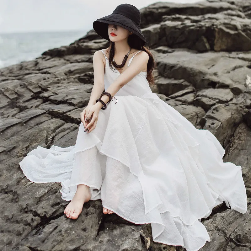 LANMREM летняя новая одежда для отдыха в пляжном стиле, однотонное свободное платье с большим подолом без рукавов, Двухслойное сексуальное платье на бретельках QH9370