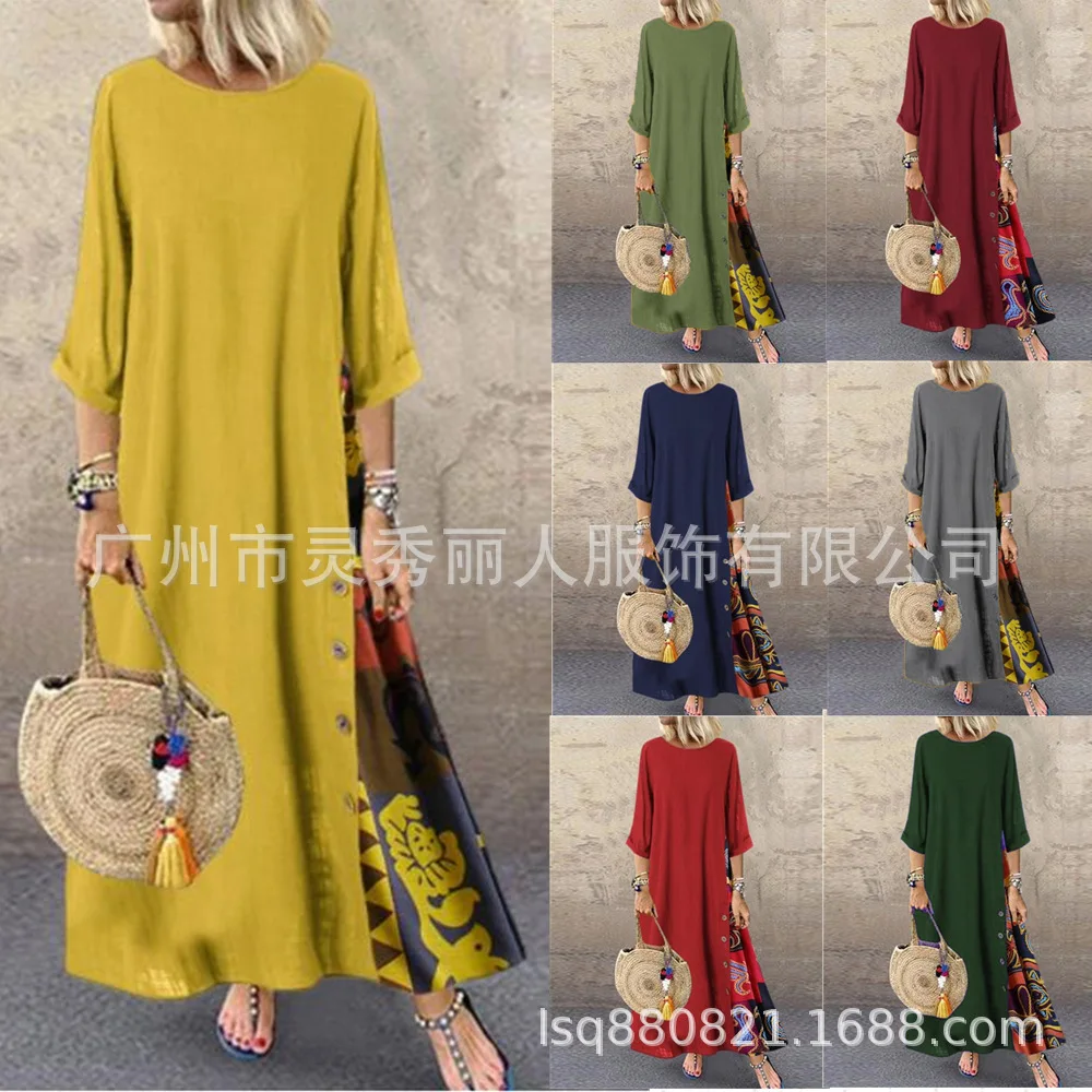 

Europe And America Autumn Vintage Floral Crew Neck Contrast Color Button Joint Three-quarter-length Sleeve Dress