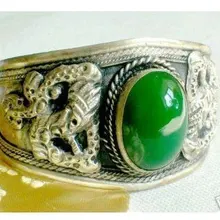 Изысканный зеленый нефритовый тибетский серебряный браслет с драконом