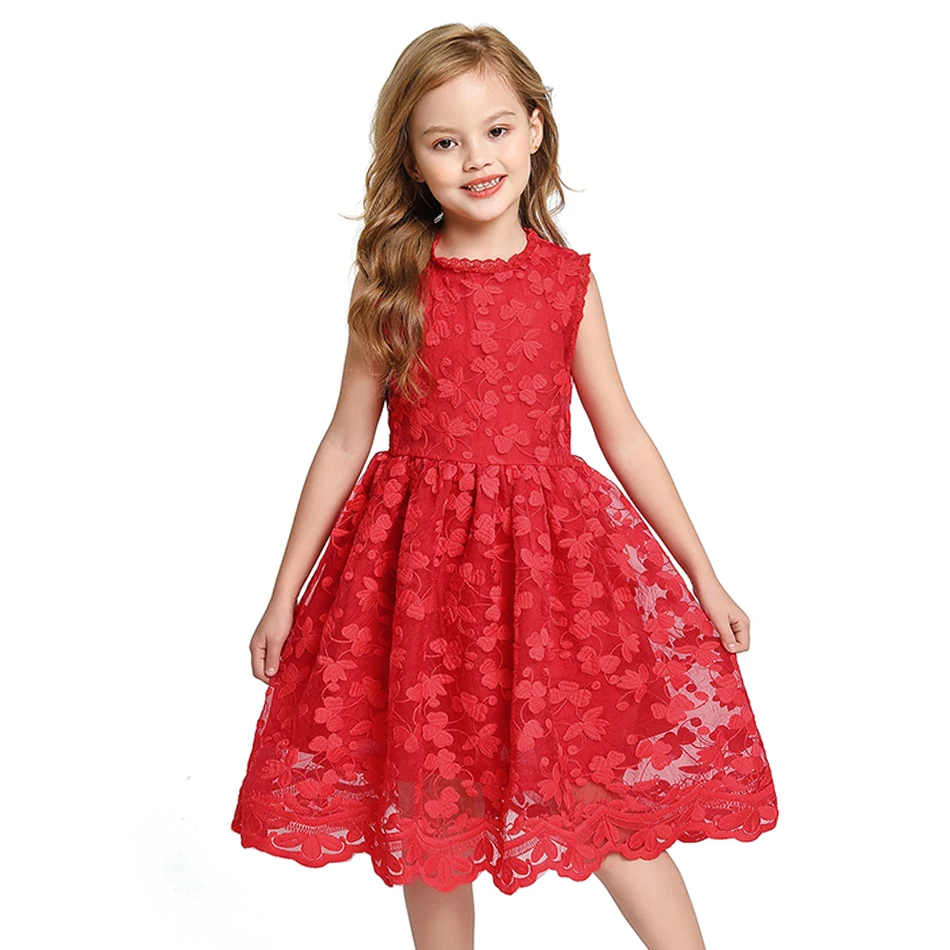 Vestido Rojo encaje con diseño de flores para niñas, vestido blanco de fiesta de boda para niñas, ropa sin mangas, nueva ropa de cumpleaños - AliExpress