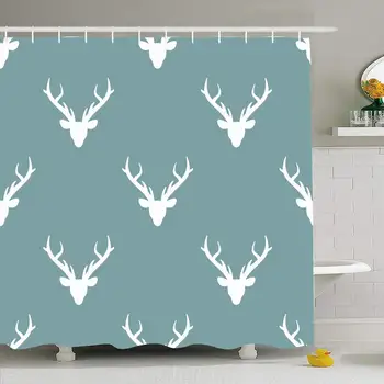 

Shower Curtain Set with Hooks 66x72 Monochrome Winter On Flat Blue Pattern Silhouette Deer Animal Head Textile Holidays Hunt