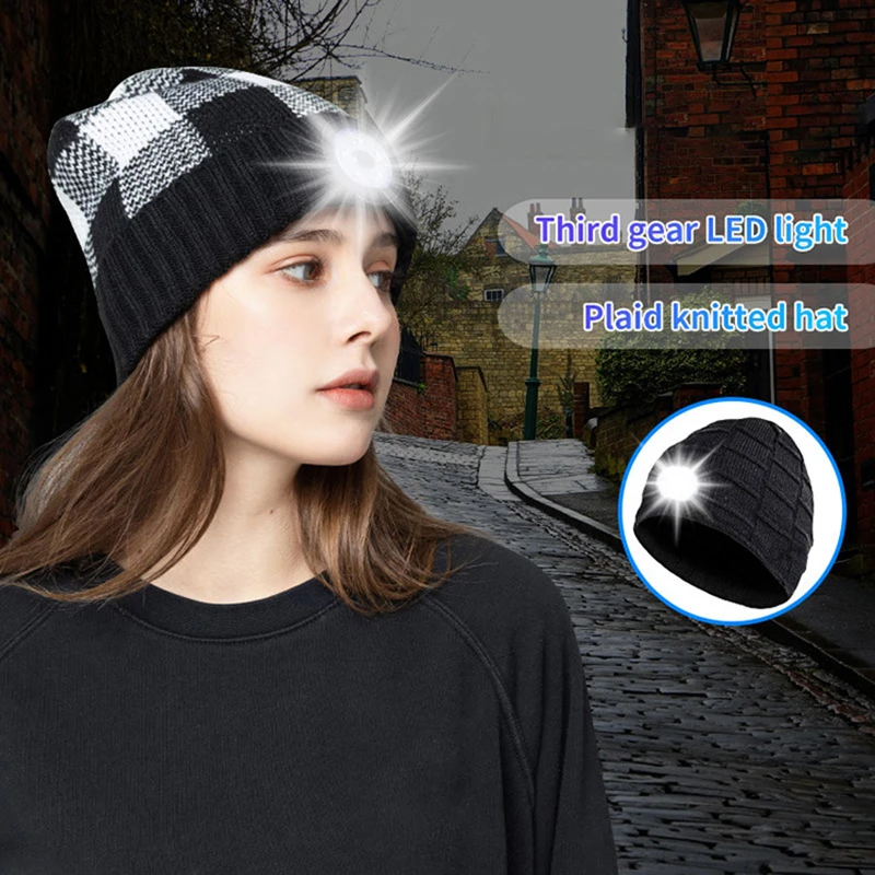 Unisex Winter Luminous Warm Knitted Hat Outdoor Camping Flash Headlight