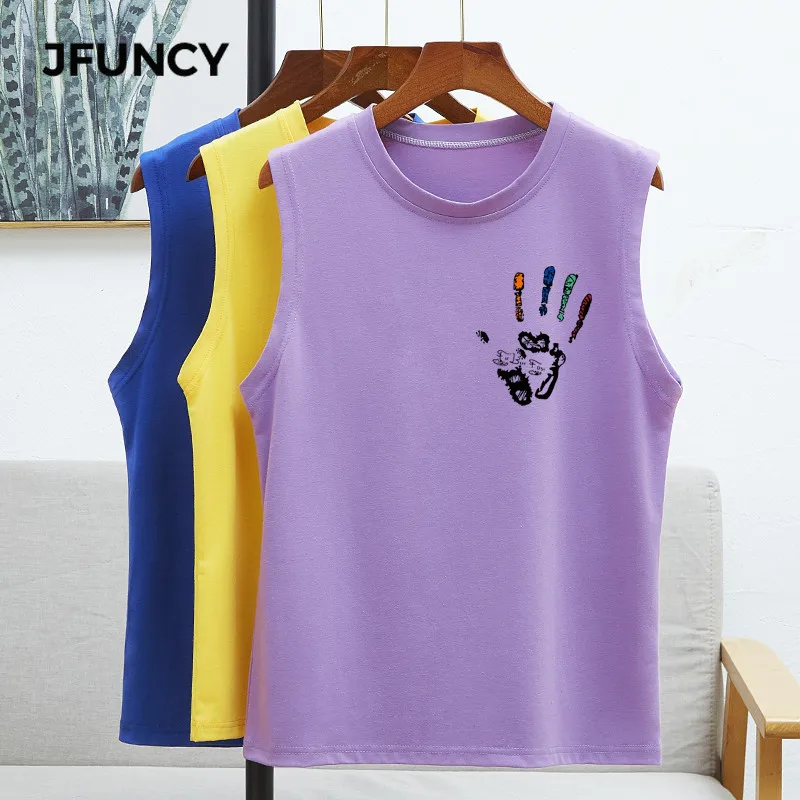 

JFUNCY 8 Colors Plus Size 2020 Summer Women Vest Tops Sleeveless Woman T-shirt New Printing Korean Oversize Female T Shirt