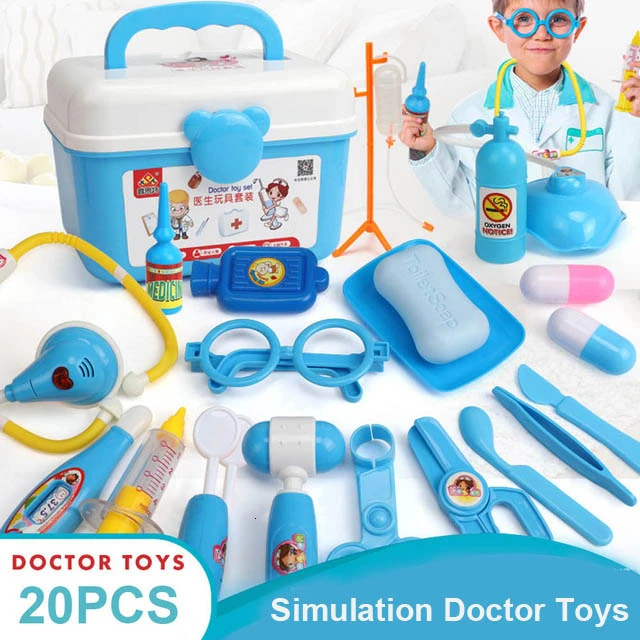 21-39 шт., детские игрушки для ролевых игр, набор для доктора, медицинский набор для моделирования с портативным чемоданом, игрушки для ролевых игр для девочек, инструмент для зубного врача - Цвет: 20PCS Blue