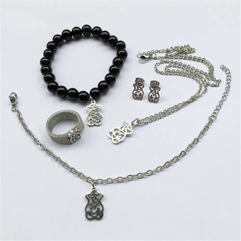 

bear jewelry set boy bear ring stainless steel necklaces earrings bracelet gold color trendy sharp ring for best gift free ship