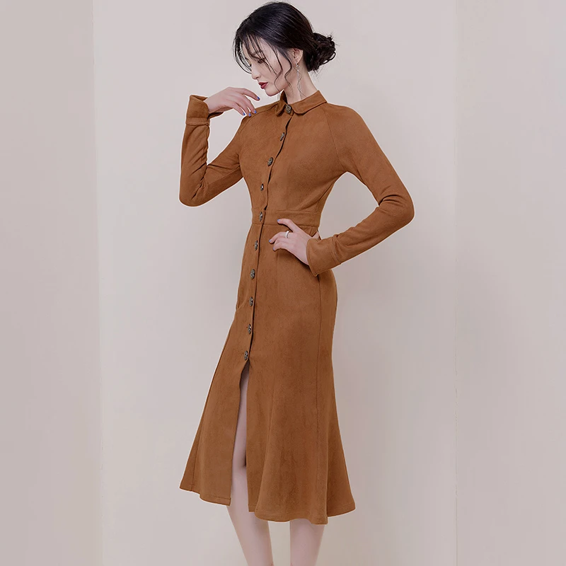 HAMALIEL, novedad de otoño invierno 2019, tela de vestido de sirena, vestido de pasarela para mujer, vestido ajustado de manga larga con una hilera de botones|Vestidos| - AliExpress