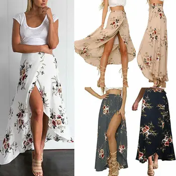 

Boho Gypsy Women Floral Long Maxi Skirt Casual Summer Split Beach Wrap Sun Dress
