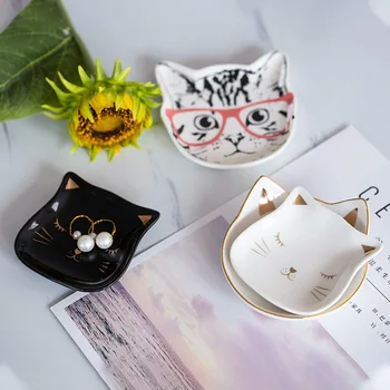 

Ceramics Small Tray Cute Cat Jewelry Dish Dessert Fruit Cake Snack Display Plate Food Serving Tray Decorative Kitchen Home Goods