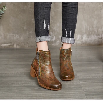 

SONDR platform high heel botines mujer 2019 genuine leather rubber ankle boots for women fashion square heels ethnic totem shoes