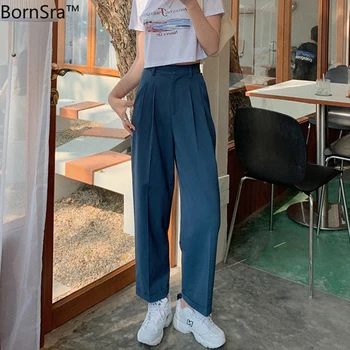 

BornSra Chic Loose Straight Suit Pants for Women Casual Pockets Female Pants Female 2020 Summer Women Trousers Pantalon Femme