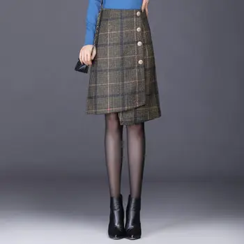 

Free Shipping Top Quality Women Irregular Plaid Woolen Skirts Female High Waist Autumn Winter Slim Fit Warm Skirt Plus Size