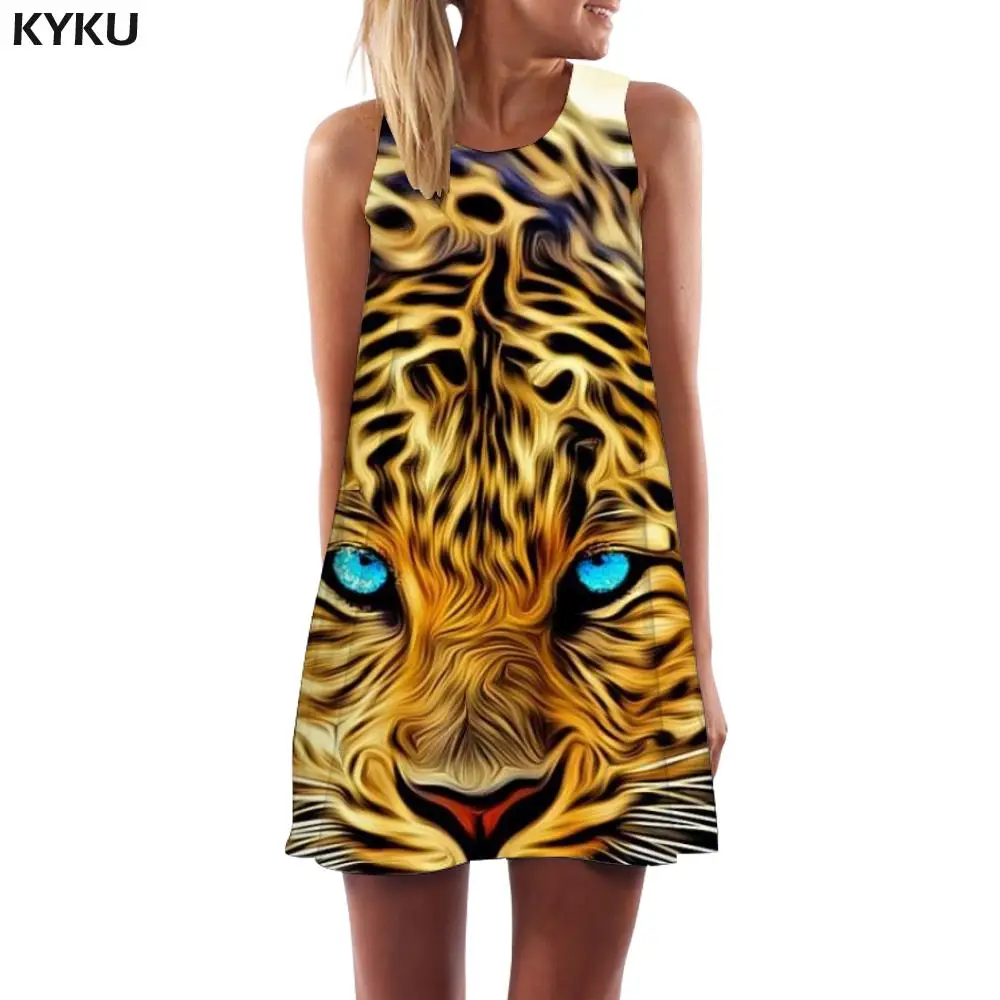 

KYKU Tiger Dress Women Animal Sundress Leopard Vestido Sexy Dizziness Office Womens Clothing Tassel Ladies Cool High Quality