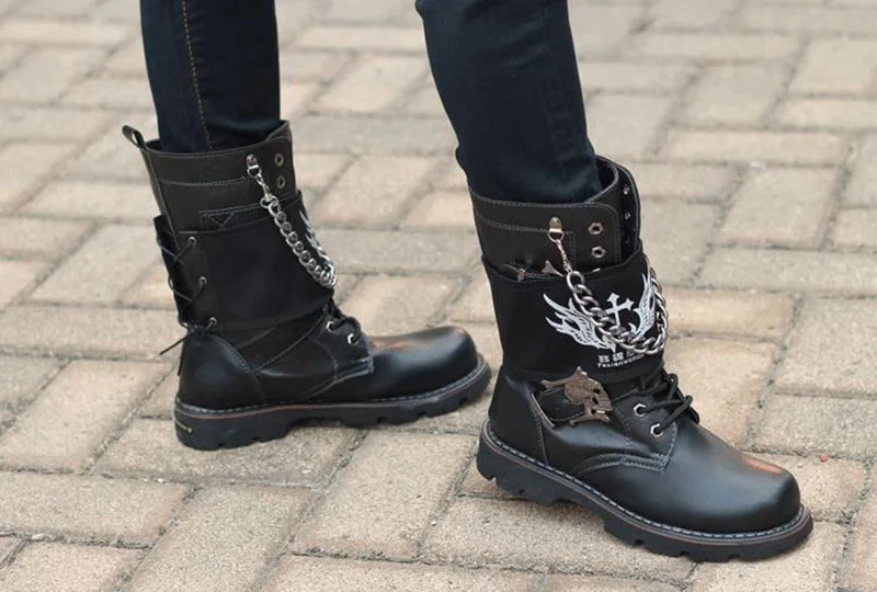 Непромокаемые итальянские армейские ботинки с металлическим покрытием; мужские черные ботинки на молнии в стиле панк; ботинки в стиле милитари до середины икры; Винтажные ботинки в байкерском стиле; армейские ботинки в стиле рок