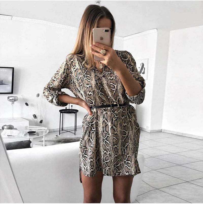

Fashion Women Leopard T shirt Dress Elegant long sleeve Party Club Dress V neck OL Clothing Dames robe femme vestidos Streetwear