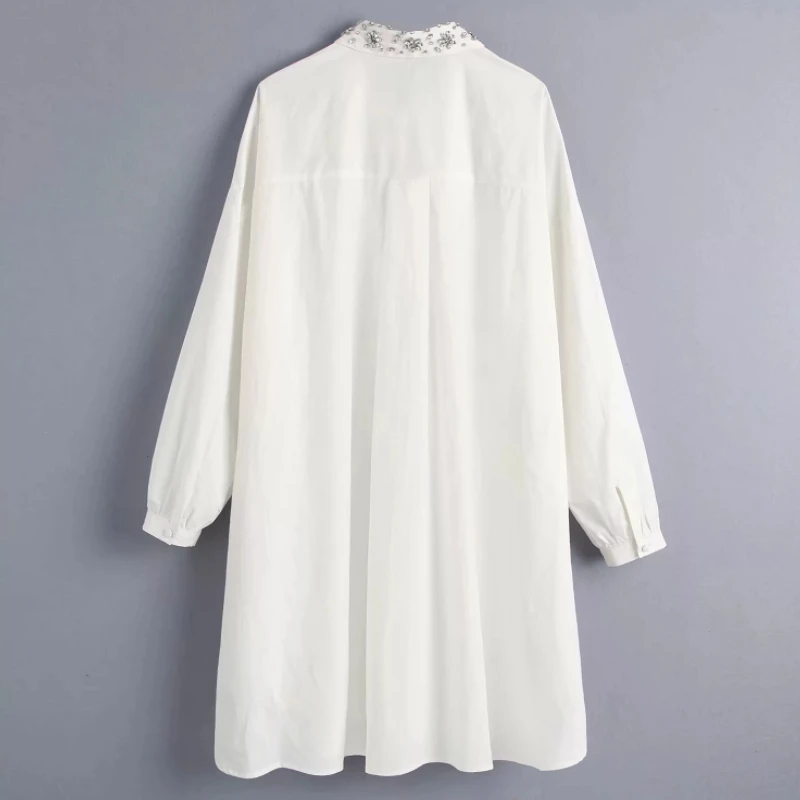 Модная женская длинная рубашка, украшенная бисером, осень, для отдыха, женская блузка с длинным рукавом, свободные топы S6658